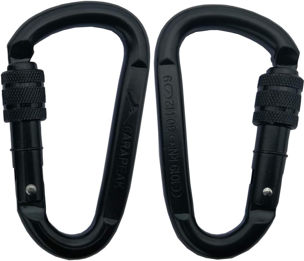 CARAPEAK 30kN Heavy Duty Screwgate Locking Snag-Free 2 3 4 6 Pack Set D Shape Carabiner, Strong Steel Clip for Gym, Hammock, Hunting Black