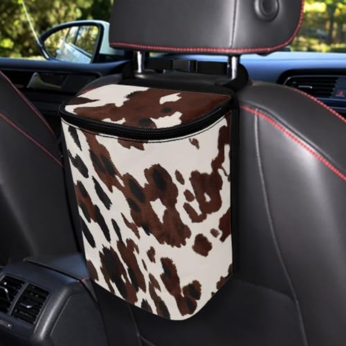 Image of KEIAHUAN Brown Cow Car Trash Can with Zipper-Closed Lid for Back Seat Collapsible Portable Auto Garbage Bag Large Capacity Trashcan Storage Bag for Cars, Sedans, SUVs & Trucks