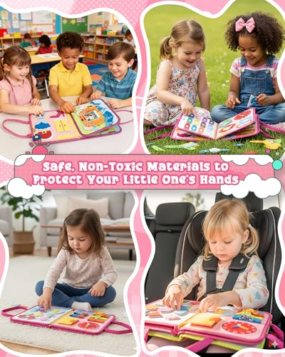 Image of Pink Montessori Busy Board for Toddlers,8-Page Sensory Activity Book for Fine Motor Skills & Basic Dress Learning, Portable Travel Toy for Preschool Kids, Portable Travel Gift for Preschool Girls