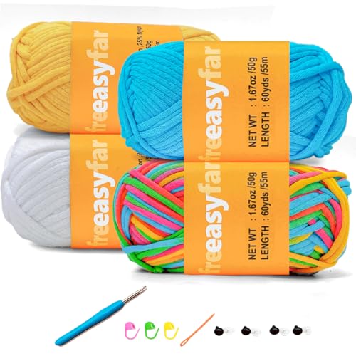 Image of 4x50g /4x60yds Soft Cotton Blend Yarn for Crocheting and Knitting; Easy Beginner Yarn kit with Tool Set (White+Azure+Yellow+Rainbow)