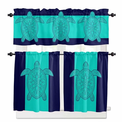 Turtle Mandalas Kitchen Curtains 36 Inch Length,3 Piece Rod Pocket Small Half Tiers and Valance Set,Boho Modern Abstract Blue Stripe Summer Small Large Window Treatment Decor for Bedroom/Bathroom
