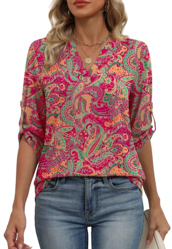 Image of XIEERDUO 3 /4 Length Sleeve Womens Tops V Neck T Shirts Both Side Buttons Blouses Business Casual Outfits Loose Fit