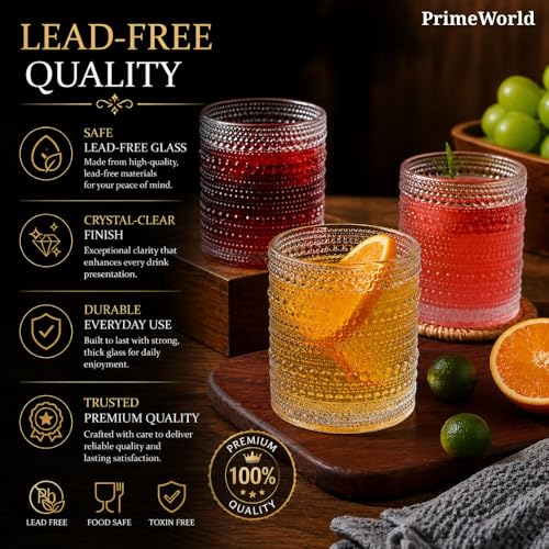 Image of PrimeWorld Whiskey Glass Set of 6 - 300ml | Premium Crystal-Clear Tumblers for Whiskey, Scotch, Bourbon, Cocktails & Spirits | Lead-Free, Heavy Base Old-Fashioned Glasses for Home Bar & Gifting