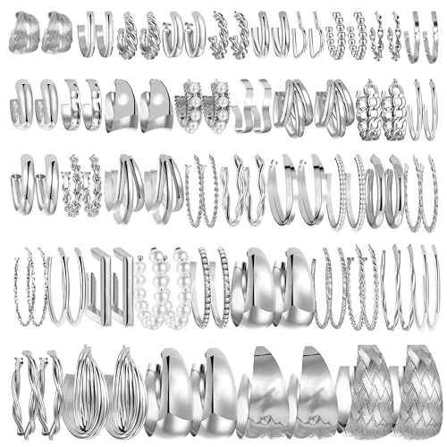 36 Pairs Gold Hoop Earrings Set for Women Multipack, Hypoallergenic Chunky Chain Twisted Hoop Earrings Pack, Fashion Dangle Earrings Jewelry for Gift (D-42Pcs Silver)