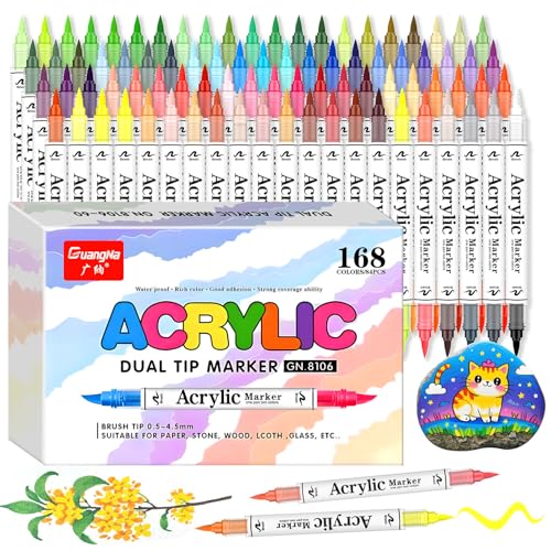 168 Colores (84 Piezas) Rotuladores Acrílicos de Doble Punta – Punta de Pincel Suave, Colores Vivos, Acrylic Paint Markers para Roca, Cristal, Cerámica, Plastico, Tela, Metal