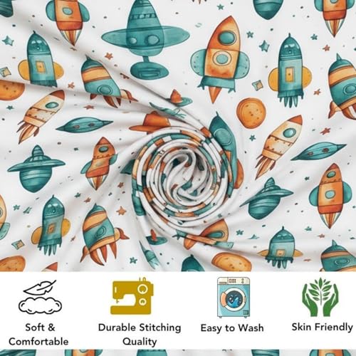 Image of 240 TC Cotton Feel Glace Cotton Elastic Fitted Printed King Size Double Bed Bedsheet with 2 Pillow Covers and Fits Upto 4-6 inches Mattress, Size- 72 inchx78 inch(Rocket)