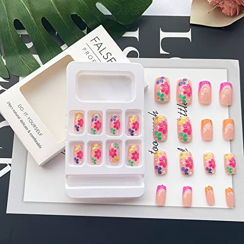 French Press On Nails Medium Square Flower Fake Nails Pink Acrylic Full Cover False Nails With Multicolor Floral Spring Designs Glue On Nails Artificial Nails For Women 24Pcs #TOP5