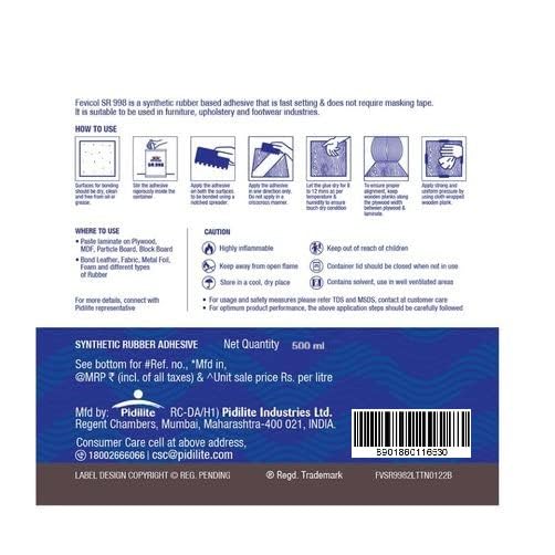 Image of Fevicol SR 998, 500ml | Best for Rubber, Fabric & Leather Furniture, Plywood, Lamination, Packaging, Crafts, DIY, Metal & Wood Bonding, Water & Heat Resistant, Fast Setting, Strong Durable Bond