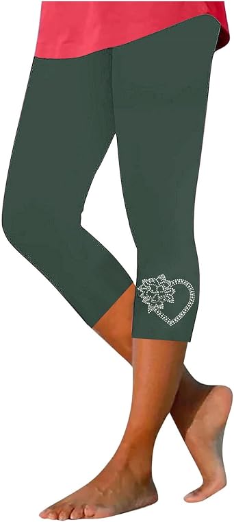 Womens Stretch Capri Pants High Waisted Rhinestone Trim Capri Leggings Workout Yoga Pants Comfy Compression Joggers