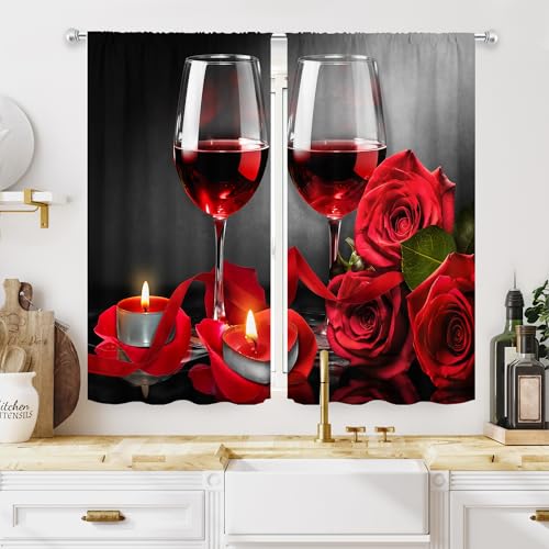 Red Kitchen Curtains 27.5W x 39H Inch Burgundy Rose Wine Black 2 Panels