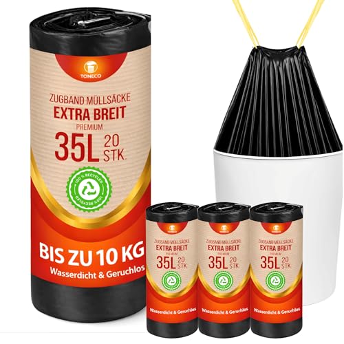 ZUGBAND MÜLLBEUTEL 35L - 60 Beutel - EXTRA BREIT - 100% recycelt - reißfest und wasserdicht (30/35L - 3 Rollen = 60 Beutel)