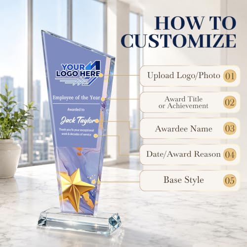 Image of Custom Crystal Trophy Award Personalized Plaque Award with Text Logo Photo Awards Trophies for Employee Recognition Team Graduation Personalized Office Gifts for Boss Coworker Teacher