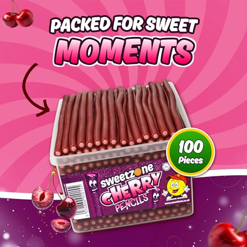 Sweetzone Cherry Pencils, Retro Sweets Tub, Candy Sticks, 100 pcs, Halal Sweet, Sweets Bulk, Gummy American Candies, UK British Candy Enthusiasts