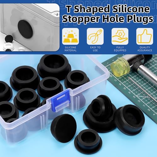 Image of Glarks 16pcs 5 Sizes Hollow Silicone Hole Plug Set, Black High Temp Silicone Plug, T Shaped Stopper Hole Plug, Round Hole Flexible Stopper for Wire Cable, Hole Plugs, Automotive, Water Pipe