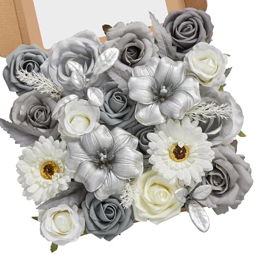 Serwalin Silver Grey Artificial Flowers Silk Fake Flowers for DIY Wedding