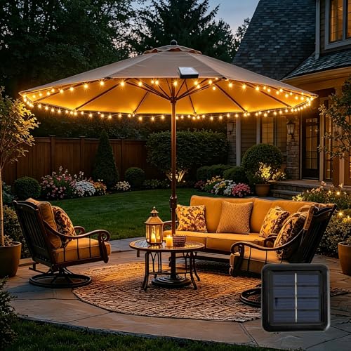 Patioman LED String Lights for Patio Umbrella - 60 Shatterproof Globe Waterproof Lights Solar Powered with 8 Lighting Modes for Outdoor Garden Camping Beach Party Decoration Warm White