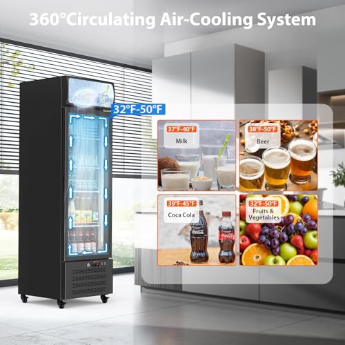 Image of Commercial Display Refrigerator with Single Glass Door, 11.3 Cu.Ft Upright Beverage Cooler with Adjustable Shelves, Soft LED Lighting, Merchandiser Fridge for Home, Restaurant, and Garage, Black | Upright Beverage Cooler, Adjustable Shelves, Soft LED Lighting, For Home, Restaurant, and Garage