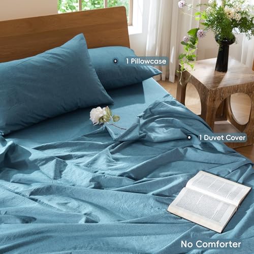 Image of MooMee Duvet Cover Set 100% Washed Cotton Linen Like Twin | Relaxed Linen-like Texture. Soft, Breathable & Long-lasting Comfort. Lightweight. Hidden Zipper with 8 Interior Corner Ties
