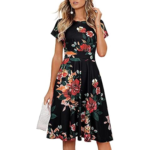 HOMEYEE Women's Short Sleeve Floral Casual Aline Midi Dress A102 (4,Black Floral #2) Cover