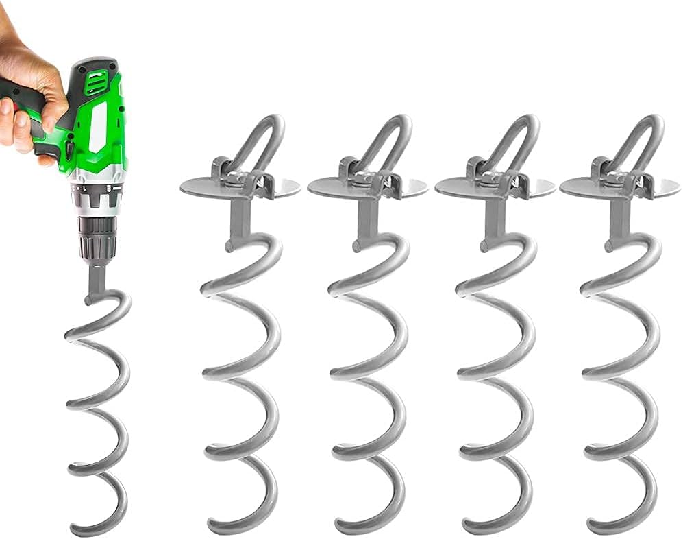 10.6 Inch Pack of 4 Folding Ring Spiral Ground Anchors - Silver Metal Spiral Stake Outdoor Heavy Duty Camping Stakes Spiraling Anchor Ground Anchors for Tent, Trampolines, Garden Fence, Sheds, Swings