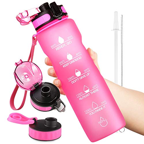 OUTXE 32oz Water Bottle with Motivational Time Marker & 2 Lids & Straw & Removable Fruit Strainer Tritan BPA-Free Non-Toxic Great for Fitness Gym