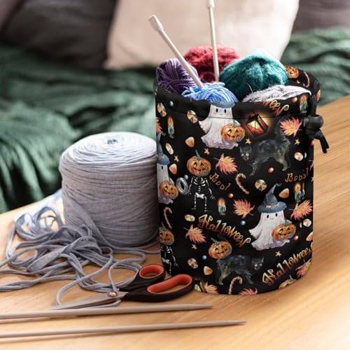 Image of Sellikakes Halloween Ghost Pumpkin Small Yarn Bag Crochet Organizer, Knitting Crochet Storage Bag, Portable Yarn Knitting Bag for Crocheting Project, Store Skein Ball, Short Knitting Needle