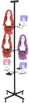 Wig Holder for 12-Head Wig Stand, Wig Holder Storage Organizer with Cross Base, Wig Rolling Hanger Display Rack on Wheels, Wigs Display Organizer Storage Rack Black