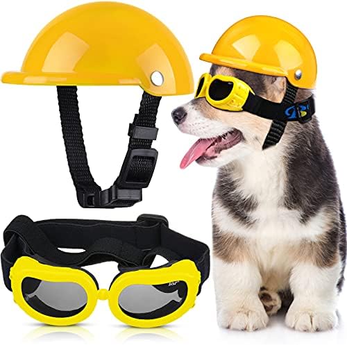 Pet Dog Helmet and Dog Goggles Set 4 Inch Padded Pet Motorcycle Helmet Dog Sunglasses Safety Pet Cap Dog Hard Hat Adorable Puppy Goggles with Adjustable Belt for Small Dog Riding,S Size (Yellow)