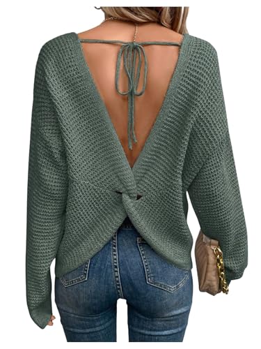 Verdusa Women's Twist Tie Back Lightweight Sweaters Backless Waffle Pullover Knit Tops