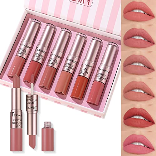 6 Colores Labiales Mate Larga Duracion Pintalabios, Labios mate Pintalabios & Mate Lápiz Labial Líquido Tinte de Labios Permanente Set,Resistente al Agua,Antiadherente, Maquillaje Mujer Regalo (02) Cover