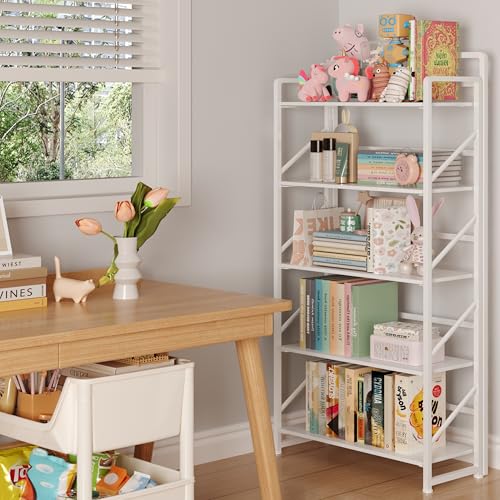Image of JSB No Assembly Folding Bookshelf, 5 Tier Industrial Metal Book Shelf for Storage, Vintage Wood Foldable Bookcase for Living Room, Bedroom, Office Organization Shelves