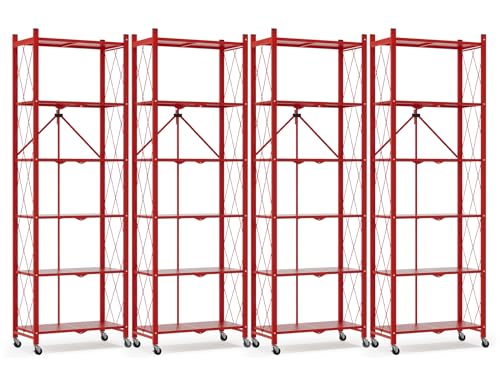 Image of ALANNG 73.6 Inch Folding Bookshelf, 6 Tier Metal Bookcase and Bookshelves | Tall Shelves for Living Room Office Bedroom, Heavy Duty Book Shelve Free Standing Open (Red, 4PACK)