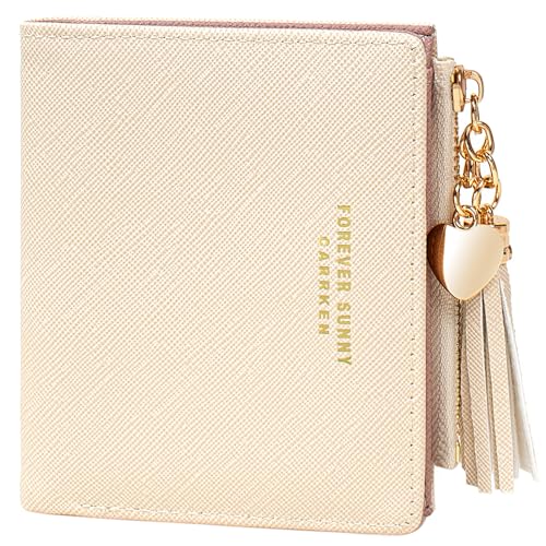 Image of KOTORA Womens Small Wallet Girls Tiny Slim Wallets Pretty Mini Card Holder Thin Short Zip Coin Purse with Love Pendant and Tassels (Beige)