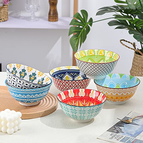Cereal Bowls Porcelain 23 oz - Salad Soup Bowl Colorful 6.25" - Deep Bowls for Serving Ramen | Noodle | Pasta | Pho | Oatmeal - Microwave and Dishwasher Safe - Set of 6