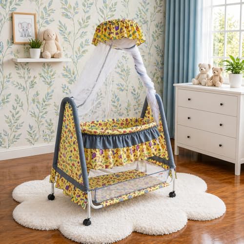 Image of Kiddery Athena Baby Cradle | Sleep Safely & Comfortably | Mosquito Net Protection | Lightweight & Compact Design | All-Wheel Lock | Unisex | 0-10 Months | Yellow