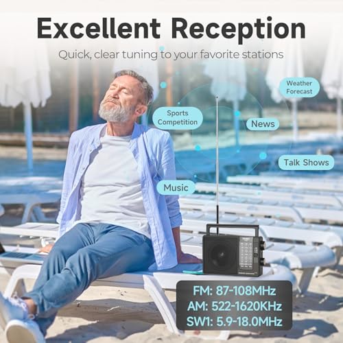 Image of PRUNUS J-03C AM FM SW Radio Built-in Battery or AA Batteries Operated for Home&Outdoor, Large Speaker Excellent Sound, Excellent Reception 49cm ant, Large Tuning Knobs Easy to Use,Gifts for Seniors