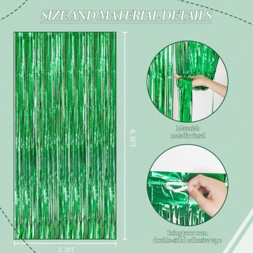 Image of DECOCKRAT 2 Pack Foil Fringe Backdrop - Green Shiny Tinsel Curtains for Party Decoration /Photo Booth Props - 3.3x6.6 FT Metallic Foil Backdrop for Birthday, Wedding, Graduation, Christmas.