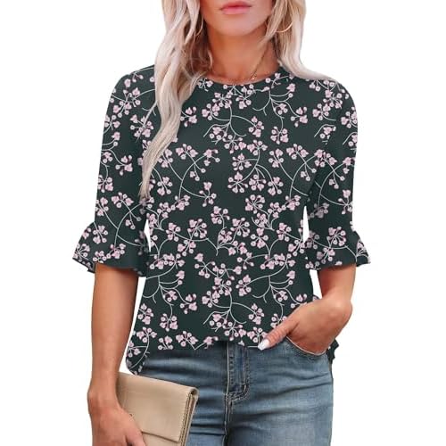 Rapbin Womens 3/4 Length Sleeve Tops Loose Fit Casual Crew Neck Shirts Ruffle Tunic Blouses Black Floral X-Large