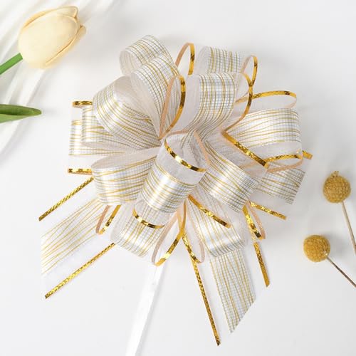 Ainmto 10 Pièces Grands Nœuds à Tirer pour Cadeau(16cm),Organza Nœuds Décoratifs pour Fêtes,Voiture,Bouteilles de Vin,Emballage Cadeau - Blanc