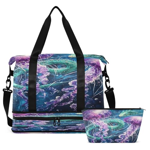 Jellyfish Dragon Blue Travel Duffel Bag for Women Men Gym Bag with Shoe Compartment Wet Pocket Carry On Weekender Overnight Bags for Travel Hospital Gym
