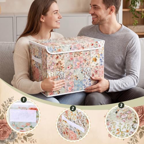 Image of Briwooody Vintage Floral Storage Bin with Lid and Carrying Handle Retro Flower Foldable Storage Box Large Farmhouse Decorative Collapsible Container Basket for Organizing Closet Home Bedroom Gift