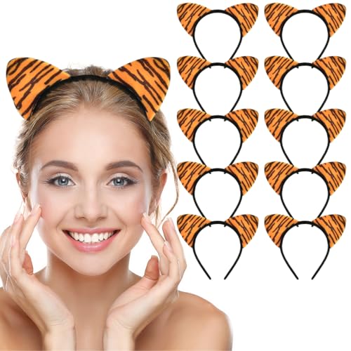 LIONSOUL 10pcs Tiger Cat Ear Headbands Animal Print Headbands for Women Adults Fashion Hair Accessories for Photo Styling Everyday Outfits
