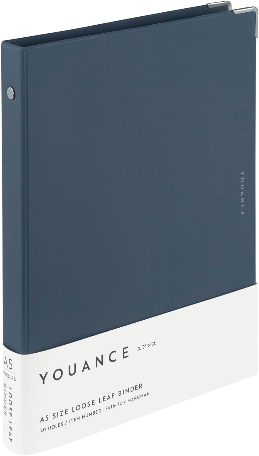 Maruman YOUANCE 20‑Ring Binder with Durable Vinyl Cover, A5, 5.83" x 8.27", Includes 10 3mm Grid Paper Sheets & Clear Sheet Protector, Storage Pocket, Holds Up to 70 Sheets, Navy, Made in Japan