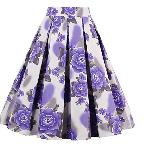 Dressever Women's Vintage A-line Printed Pleated Flared Midi Skirts Purple Flower X Small
