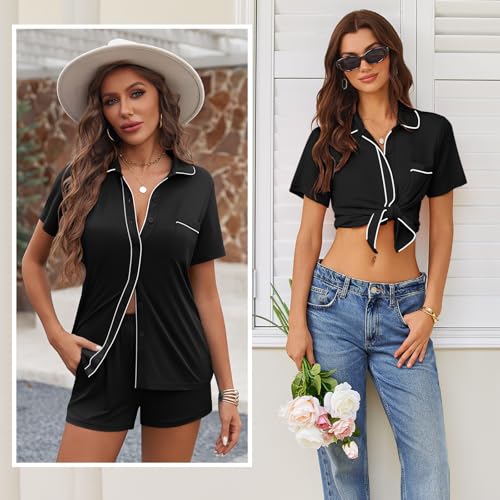 Image of Ekouaer Womens Pajama Sets Button Down Lounge Set 2 Piece Loungewear Soft Sleepwear Short Sleeve Pjs with Pockets