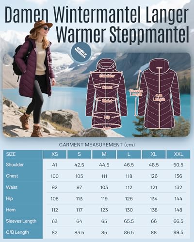 Outdoor Ventures Damen Wintermantel Langer Warmer Steppmantel Leicht Parka Wasserdicht Winterjacke mit Kapuze Funktionsjacke Übergangsjacke Weinrot XL