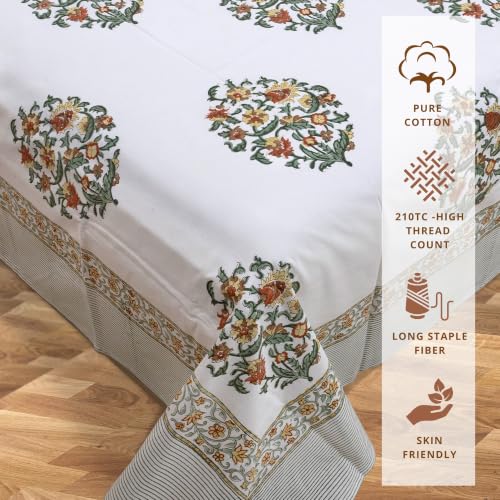 Image of TOAI Hand Block Printed Bedsheet | Bed Spread Flatsheet Bed Sheet | Pure Cotton | Queen Size 90 inchx108 inch | 210 TC Luxury Cotton | 2 Reversible Pillow Covers |Earthy Mugal Motif