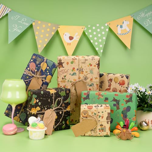 Larcenciel Geschenkpapier Geburtstag, Lustige Tierparty Kraftpapier Geschenkpapier Kinder, Süßes Cartoon Geschenkverpackung mit Dino Welpe Fuchs Löwe für Geburtstag, Jahrestag, Party, 6 Blatt 70x50cm