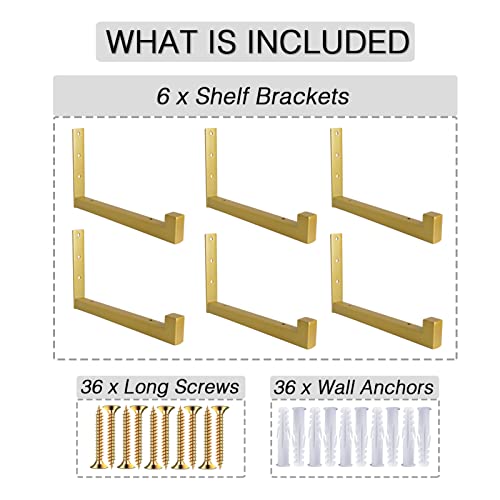 Ovov 6 Pack Metal Shelf Brackets Industrial Floating Shelf Bracket Wall Mounted Decorative（Gold 12"） #TOP2