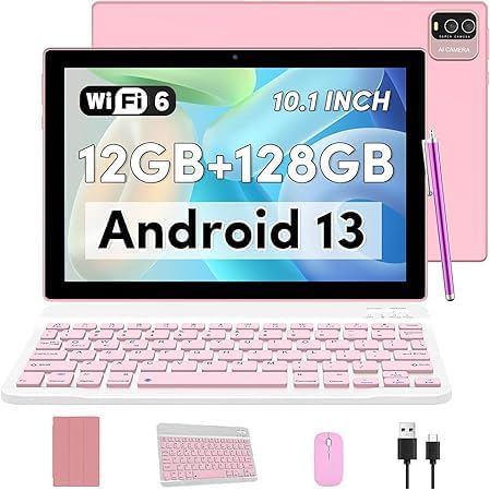 Android 15 Tablet, 10 Inch 18GB RAM+128GB ROM/ 2TB Expandable Tablet, 2.0GHz Quad-core Processor, 1280*800 HD Touch Screen, 5G WiFi6 BT 5.0, 2 in 1 Tablets with Keyboard Case Mouse Stylus Red